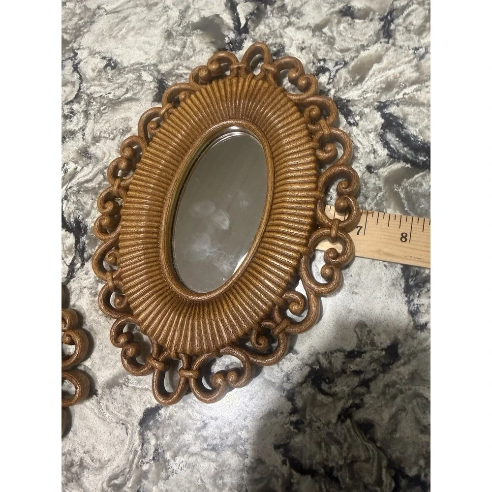 Vintage Ornate Gold Oval Wall Mirrors Set of 2 Small Accent Decor Pair